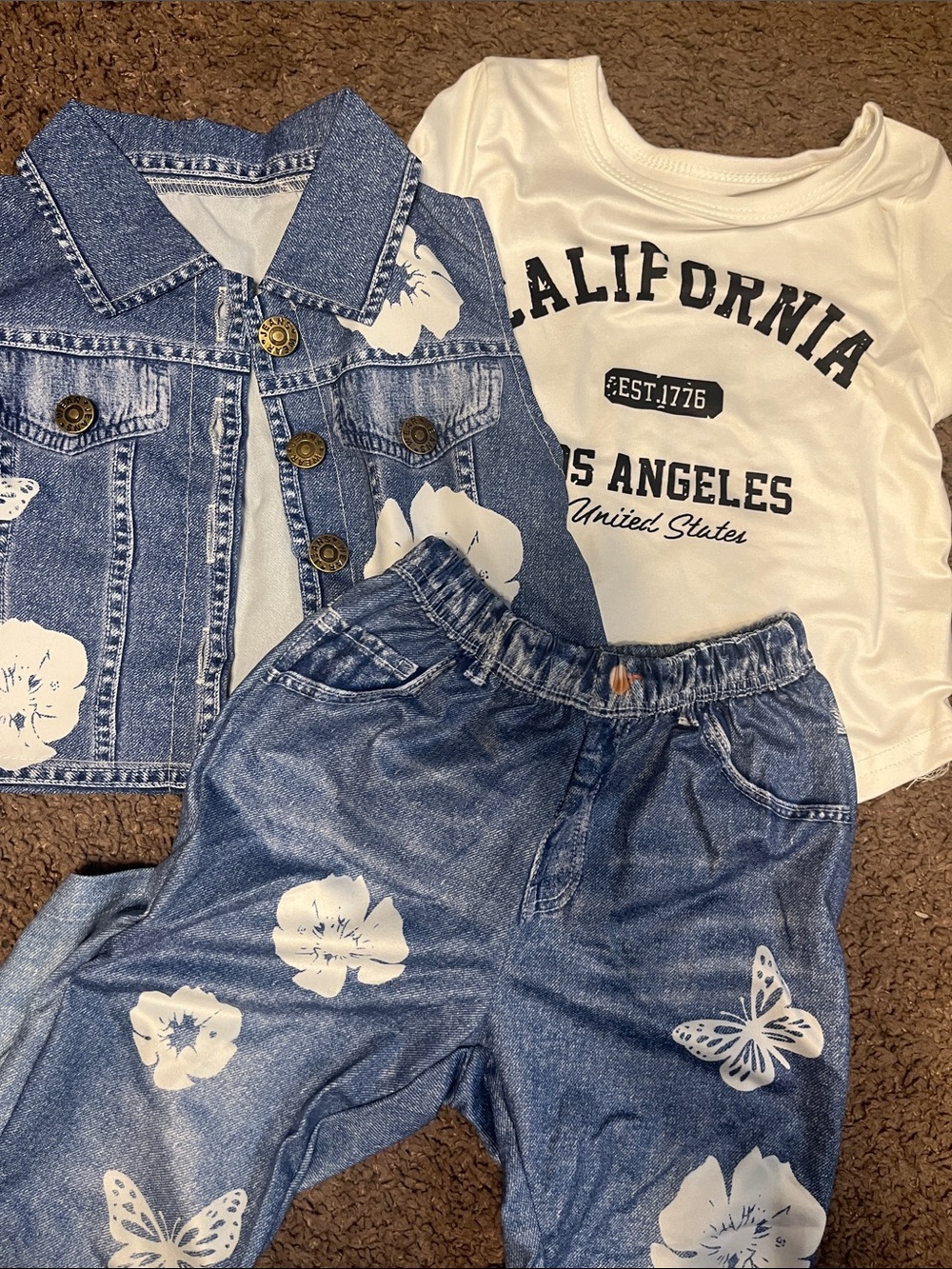 Girls vest  shirt & pants Set with White Floral Print - Blue/White